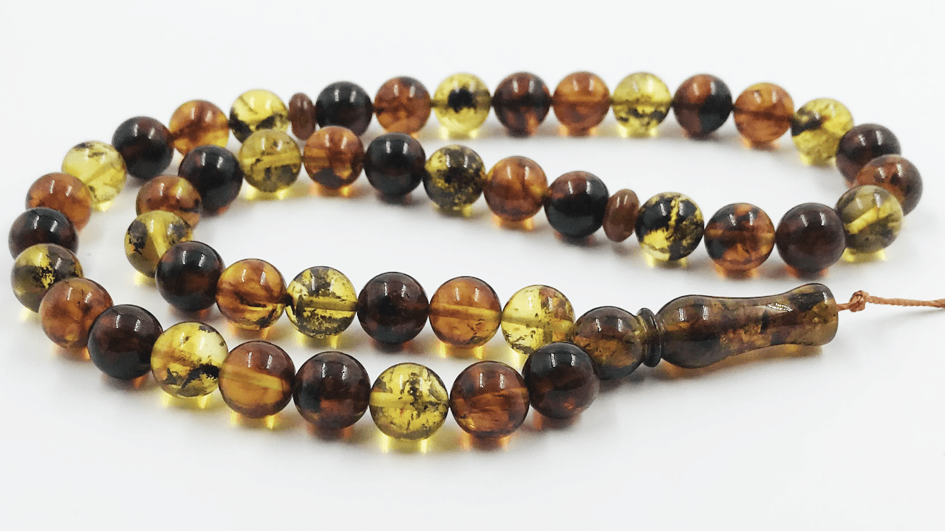 Baltic Amber Islamic Prayer Rosary 28g. 45 Beads Tesbih Misbaha Kehribar pressed